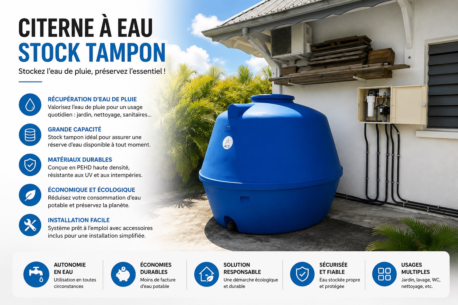 Citerne à eau Martinique installée en extérieur, récupération d'eau de pluie et stock tampon
